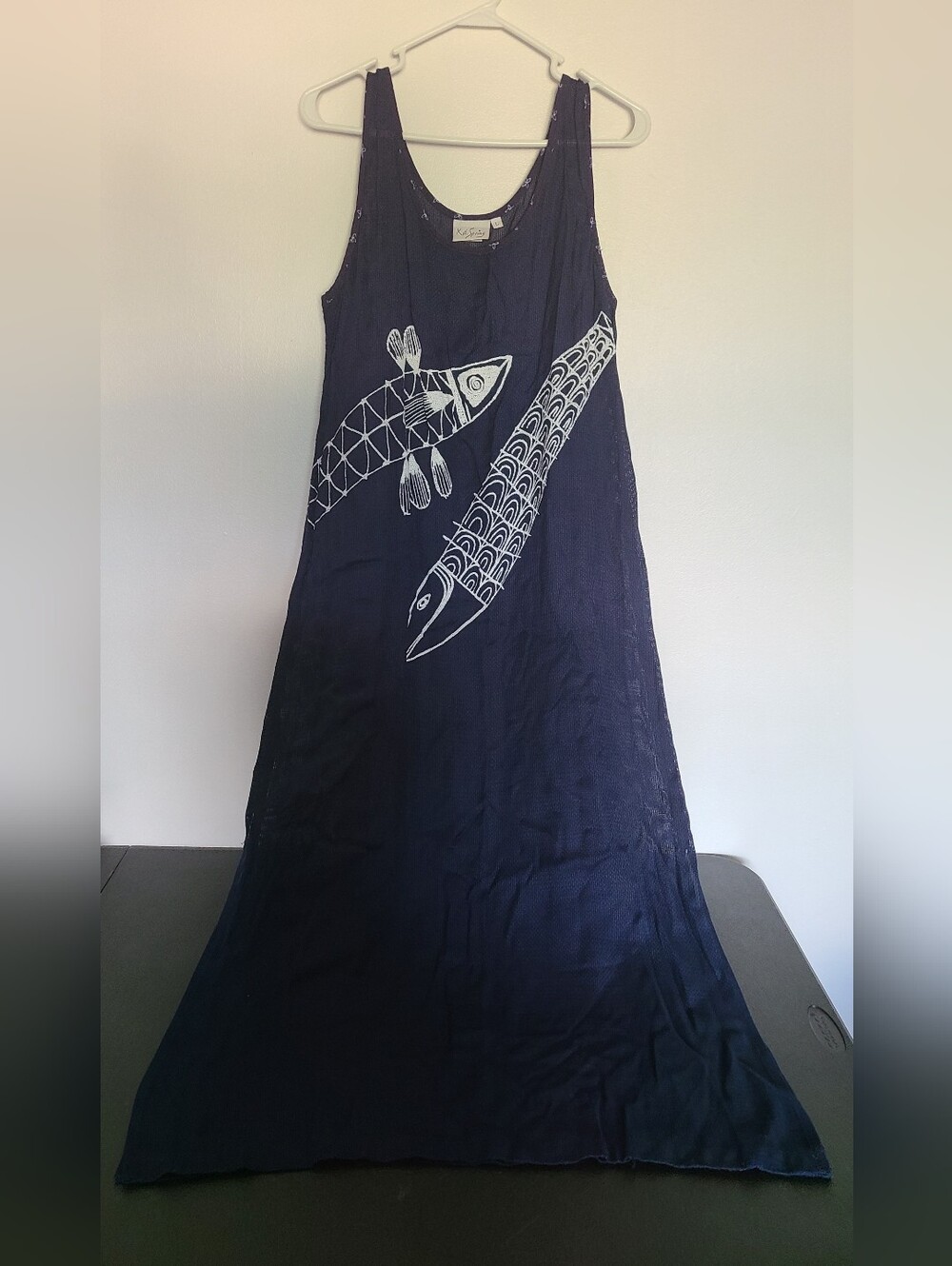 Vtg KD Spring Semi Sheer Navy Blue Sleeveless Fish Print Boho Maxi Dress Wmns L